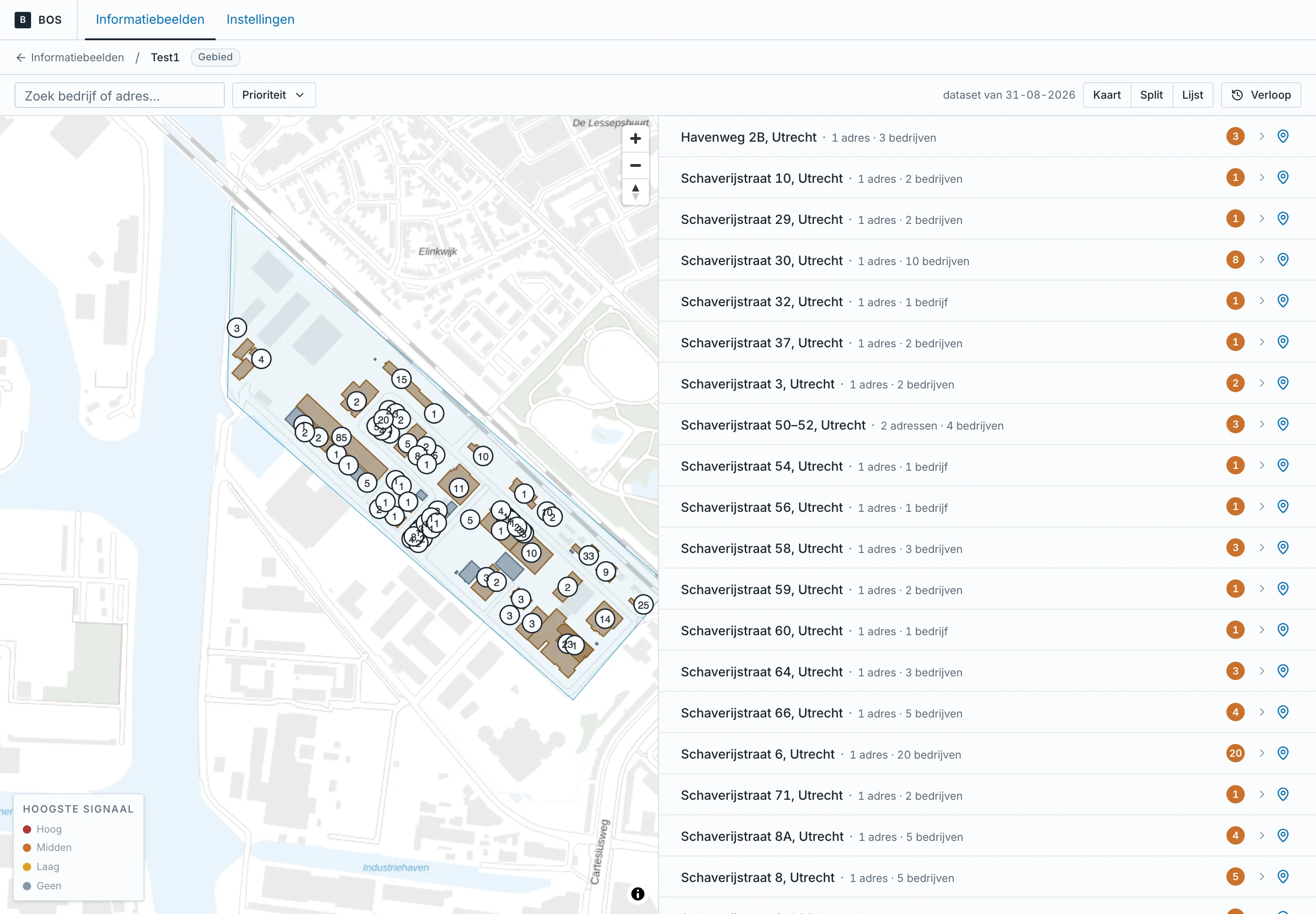 BOS met het informatiebeeld van een gebied: kaart, lijst en signalen per adres