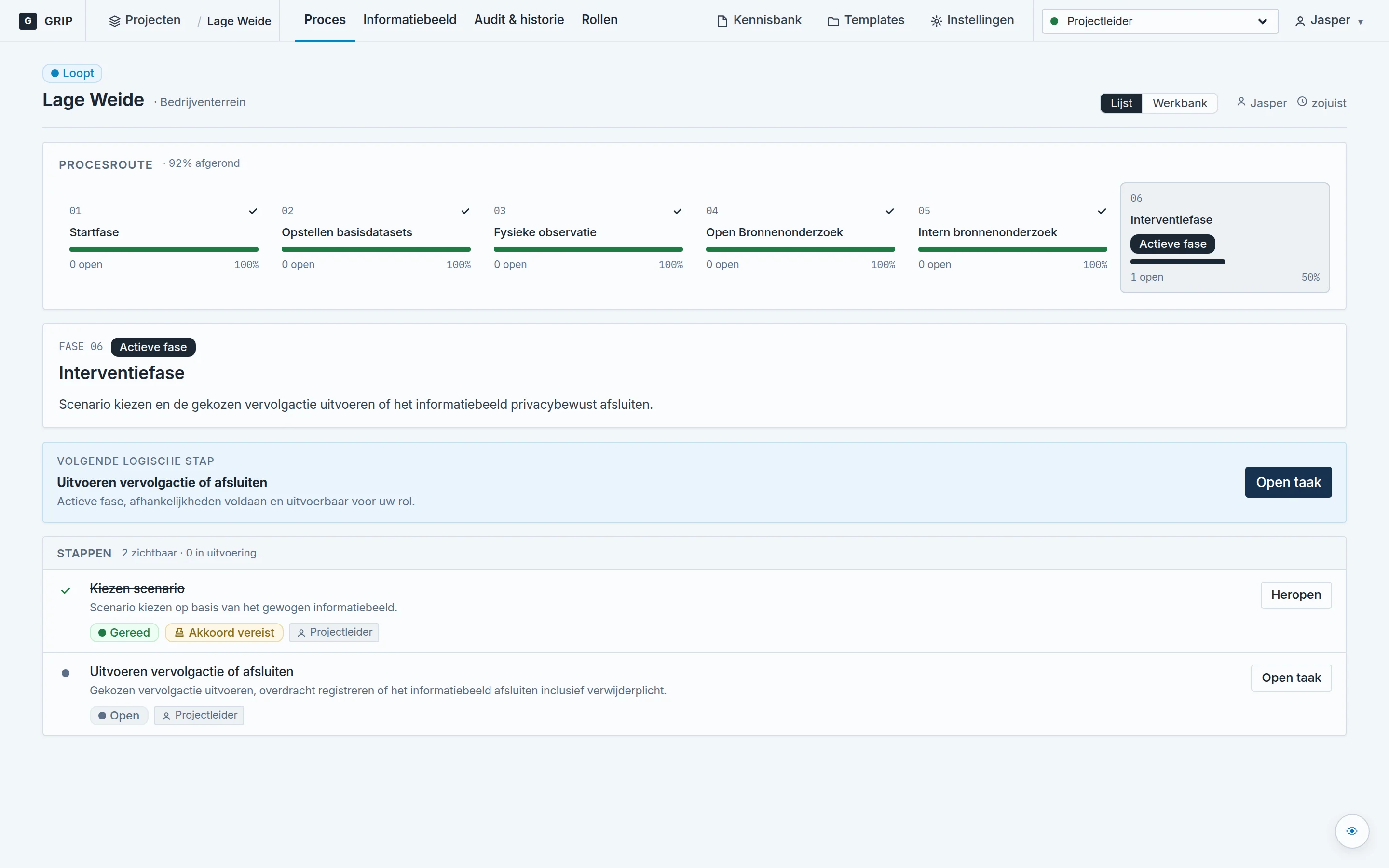 GRIP-procesroute met zes fasen, de voortgang per fase en de stappen van de actieve fase met de bijbehorende rol